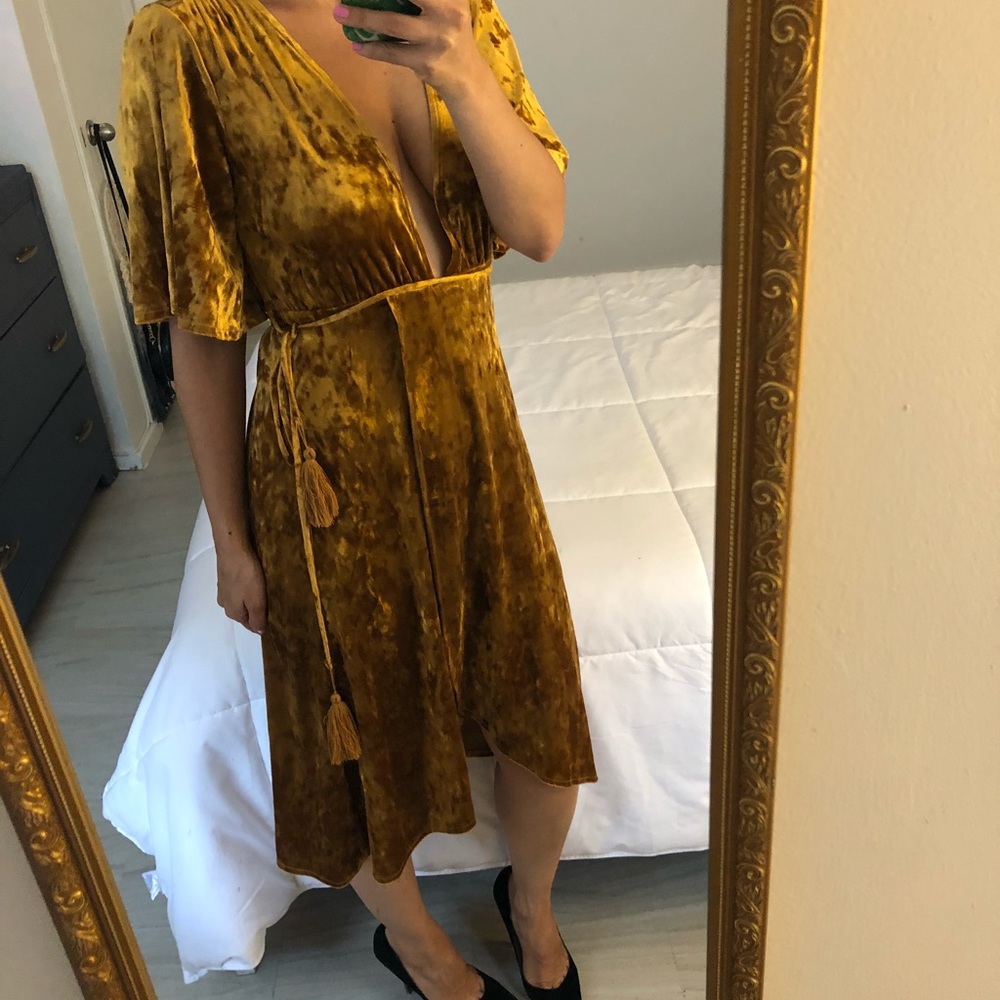 Gold Velvet Midi Dress Plunge Neck